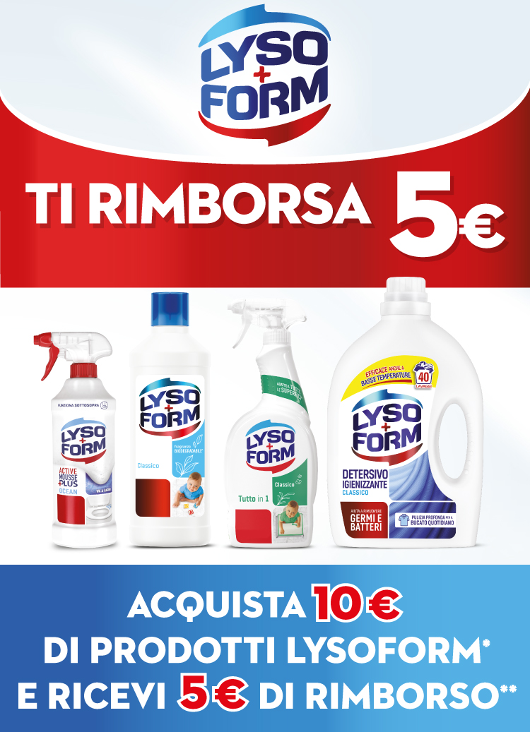 Immagine desktop col titolo della meccanica Cashback Lysoform ti rimborsa: Con l'acquisto di 10€ di prodotti Lysoform* ricevi un rimborso di 5€**